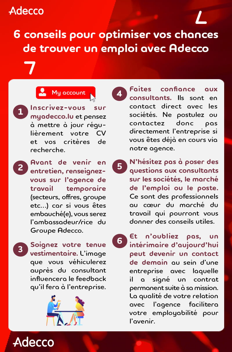 Infographie - 6 conseils pour optimiser vos chances de trouver un emploi avec Adecco
